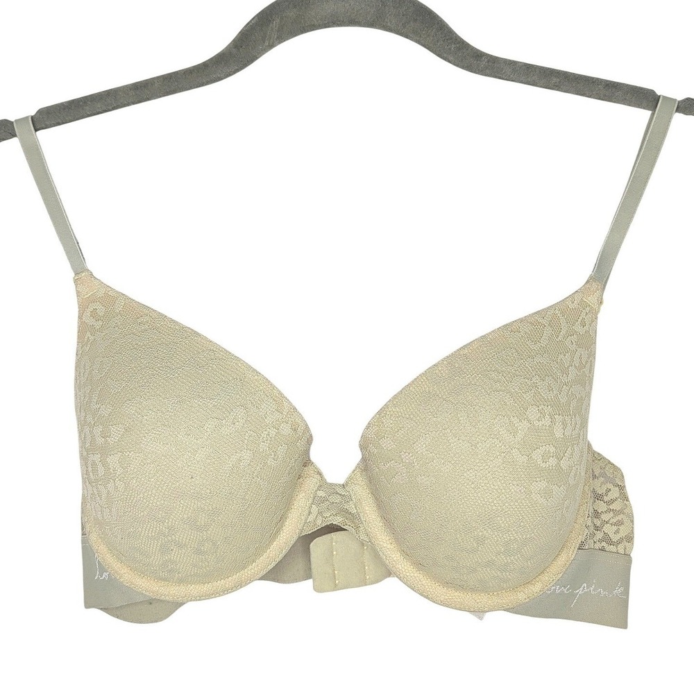 Pink Victoria's Secret Bra Womens 36B Sage Green Lace Logo Push Up Underwire